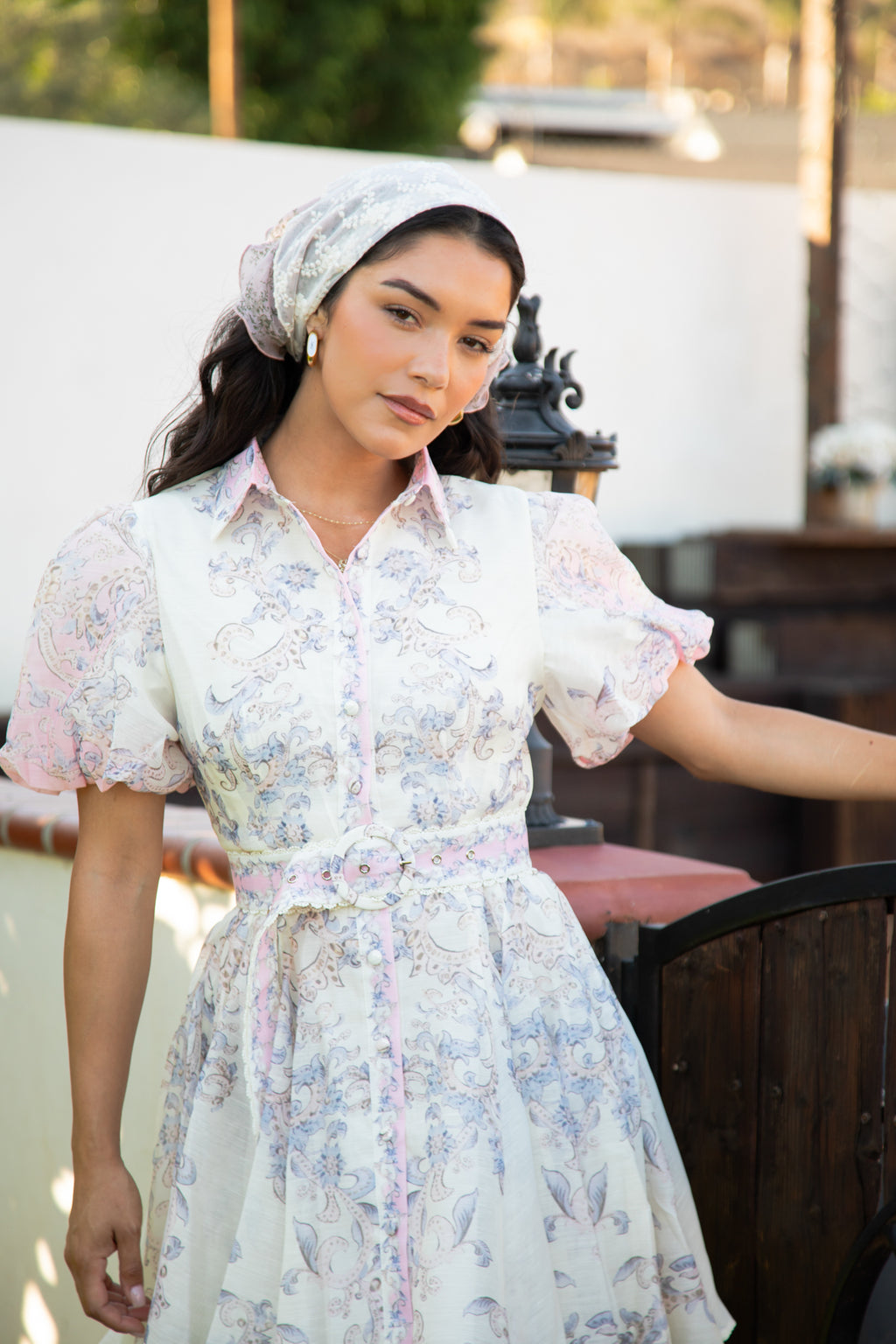 Camila Bella Dress ivory paisley print dress with collared neckline and tiered ruffle skirt