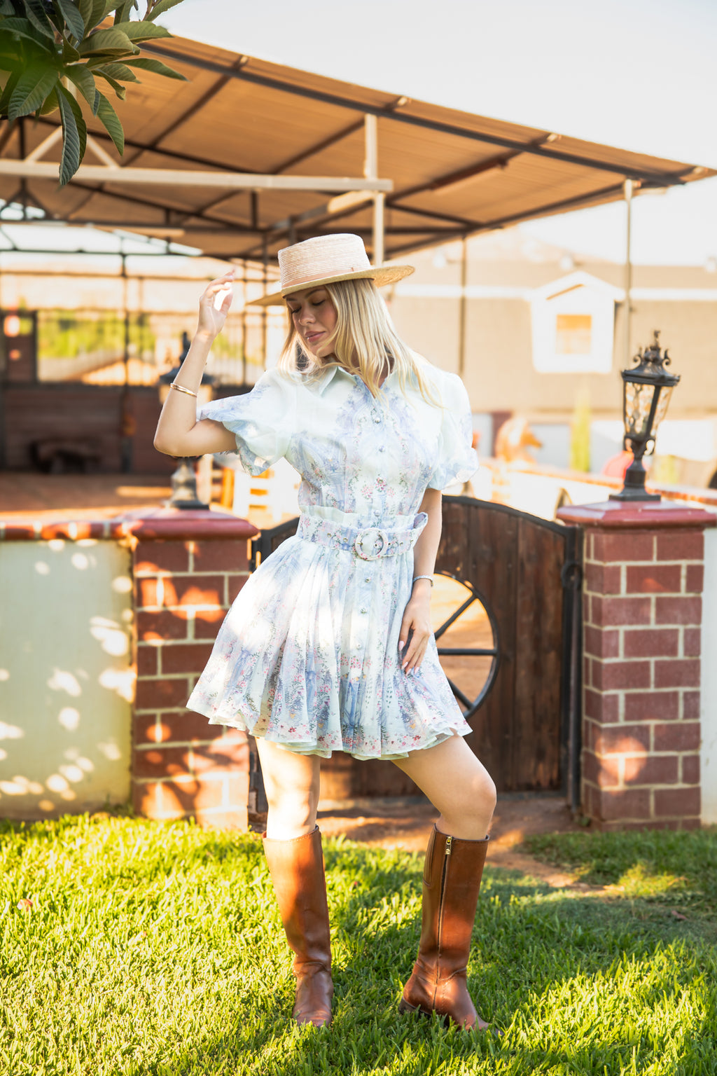 Sophia Powder Blue Garden Dress with a flowy floral skirt