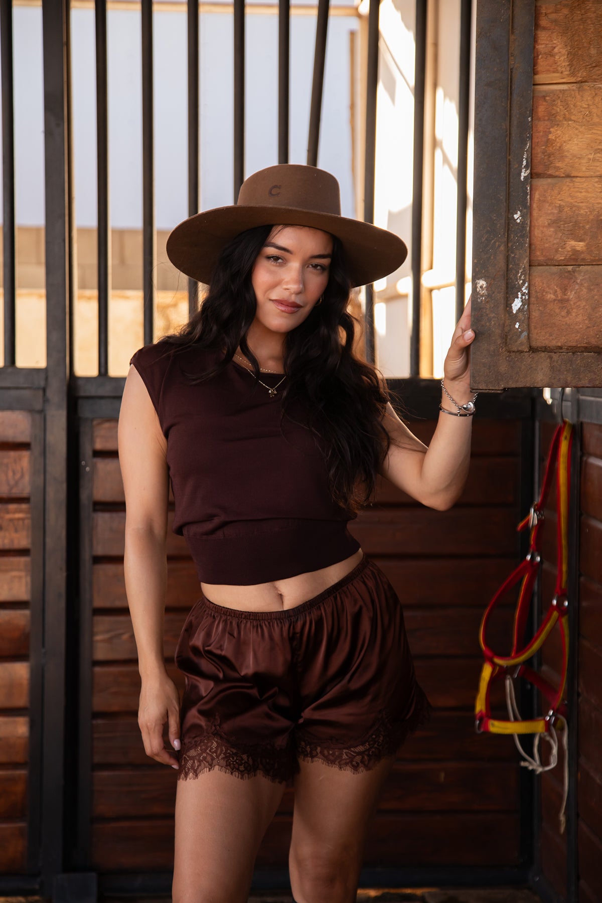 Enovie Chocolate Satin Lounge Set styled for an equestrian-inspired look