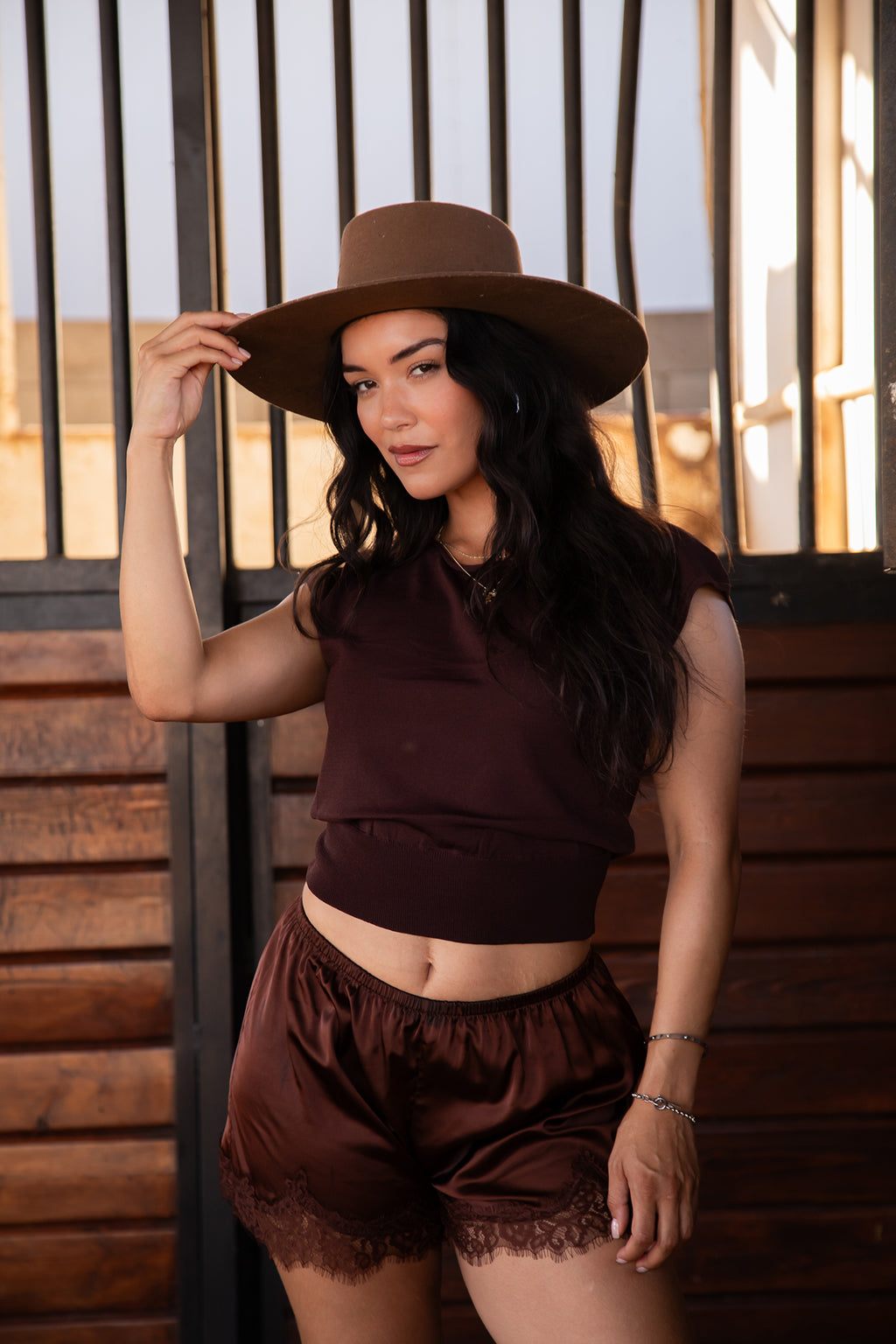 Enovie chocolate brown two-piece set with eyelash lace trim