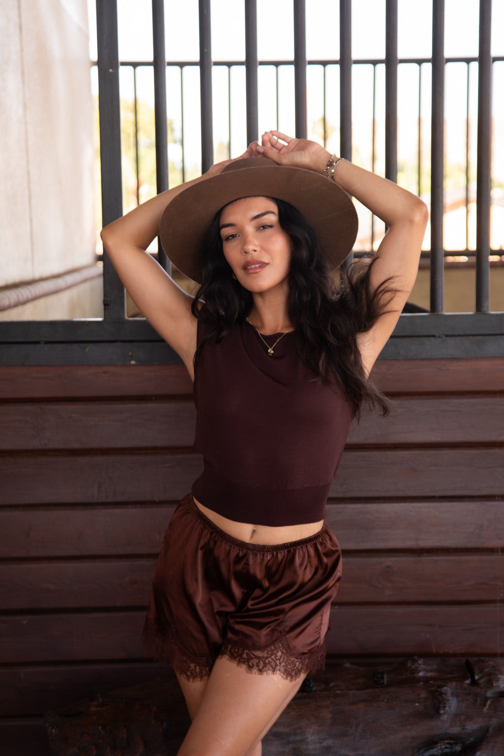Enovie set silky chocolate satin shorts with lace trim