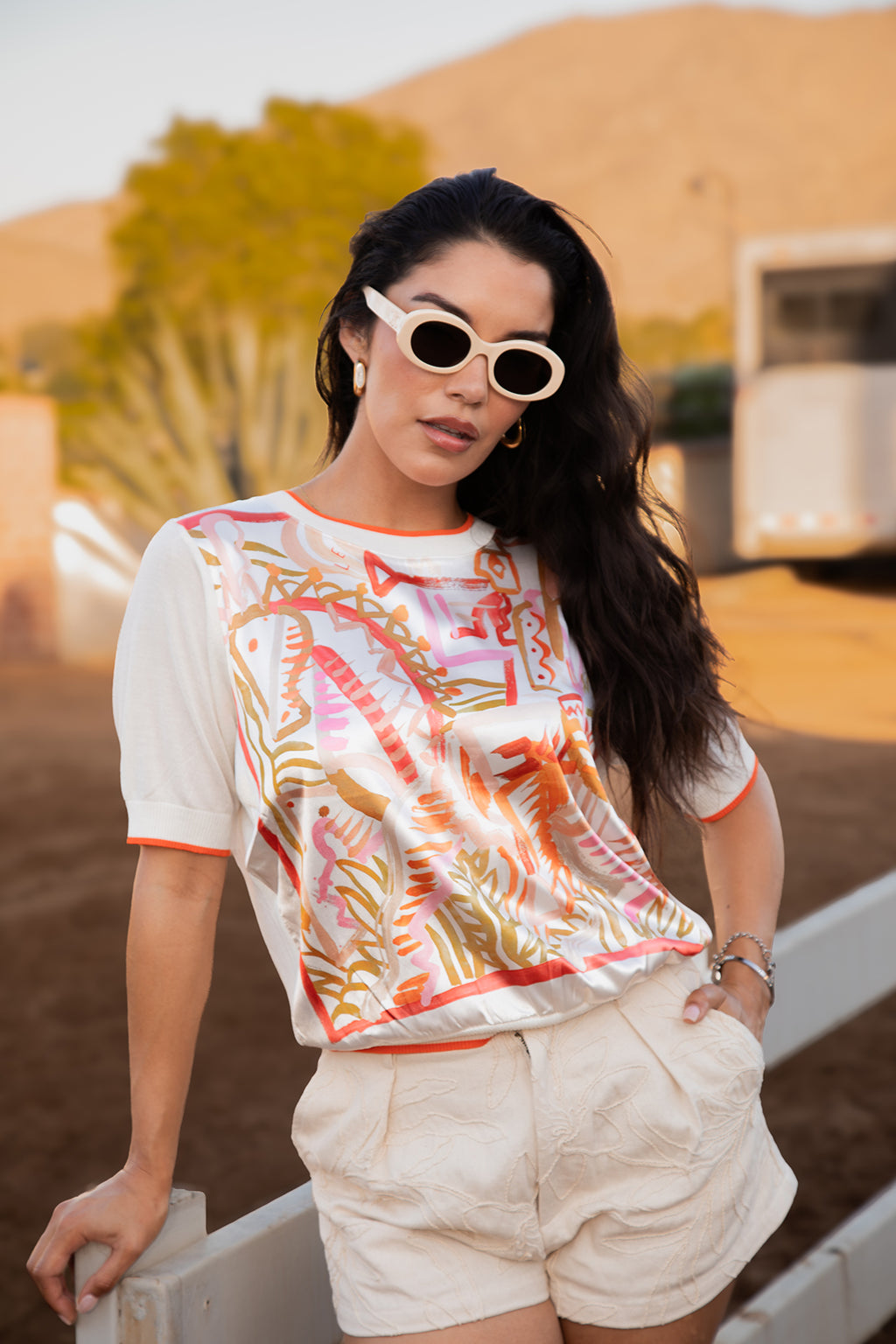 Ecuestre Silk Satin Orange Print Top with a relaxed fit