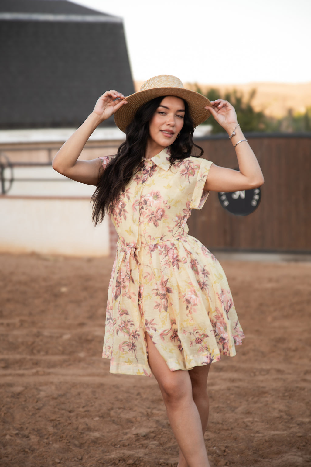 Chloe Dress vintage-inspired blush and mauve floral print on soft yellow