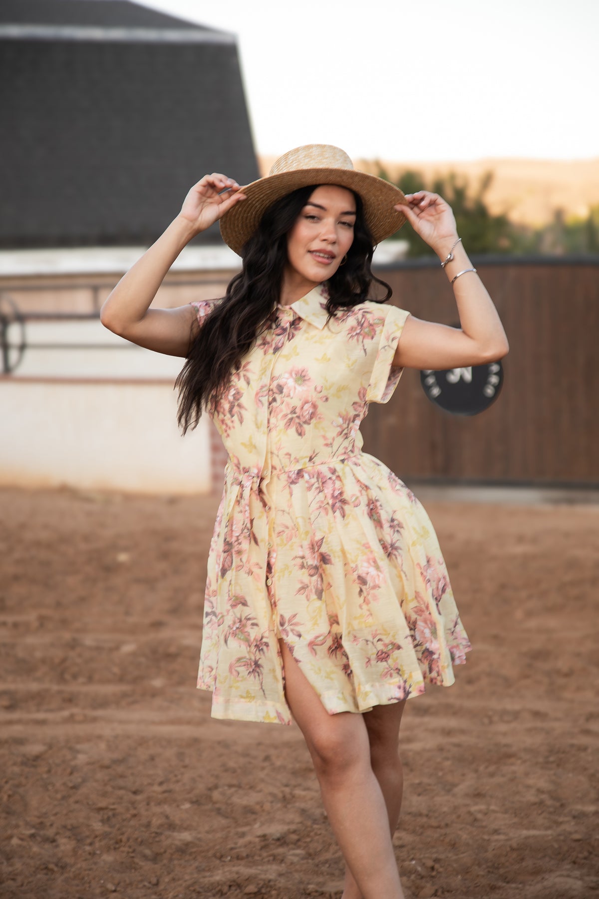 Chloe Dress vintage-inspired blush and mauve floral print on soft yellow