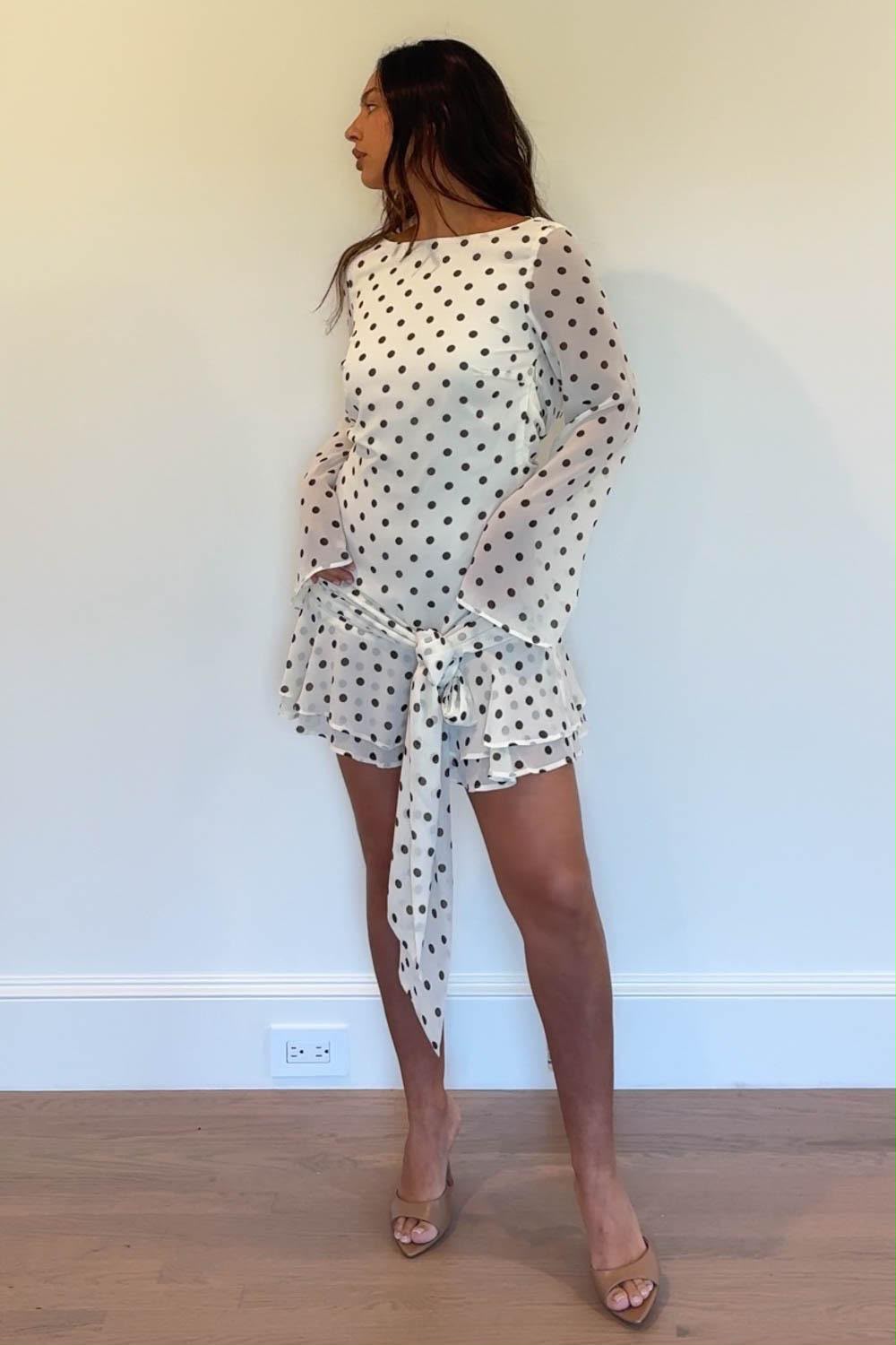 Gianna Dress polka dot mini with sheer bell sleeves and draped open back