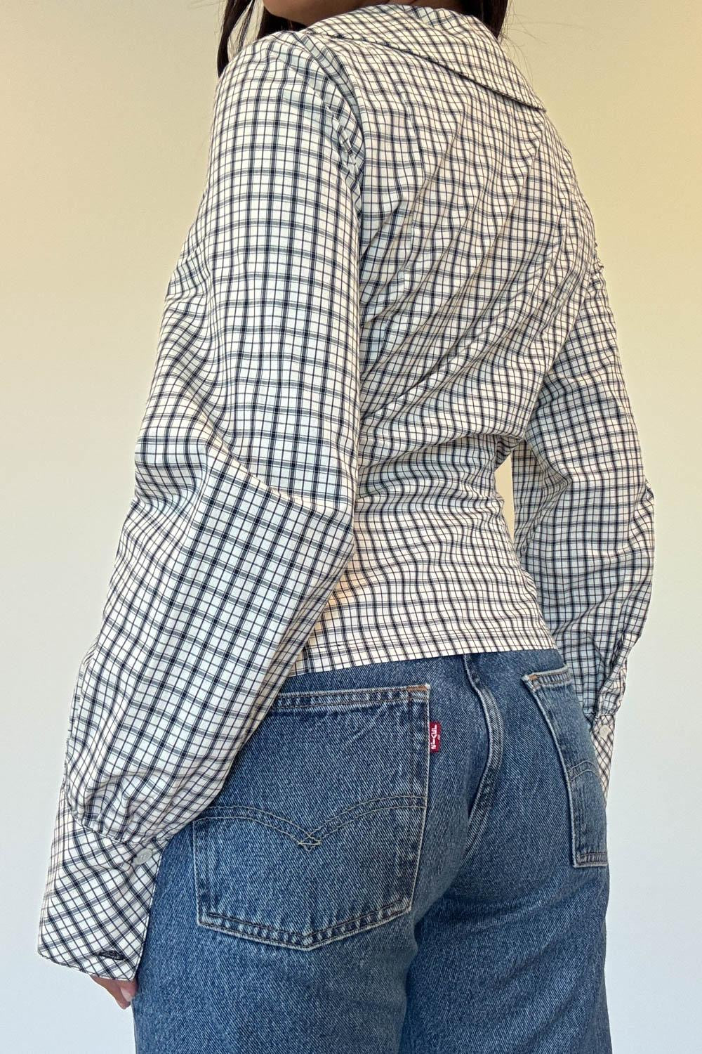 Alinna Top navy and white check with full sleeves and wide cuffs