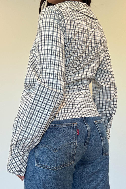 Alinna Top navy and white check with full sleeves and wide cuffs