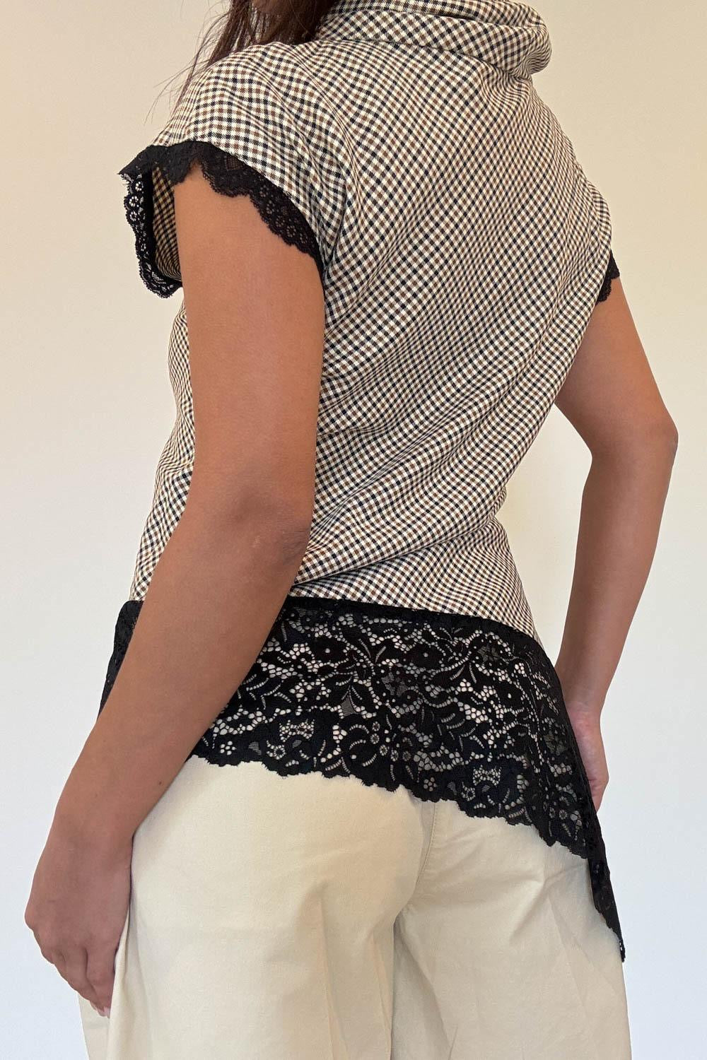 Arianna Lace Top with lace-trimmed cap sleeves and asymmetric lace hem