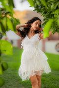 Carolina Dress white petal appliqué mini with tiered Swiss-dot tulle skirt