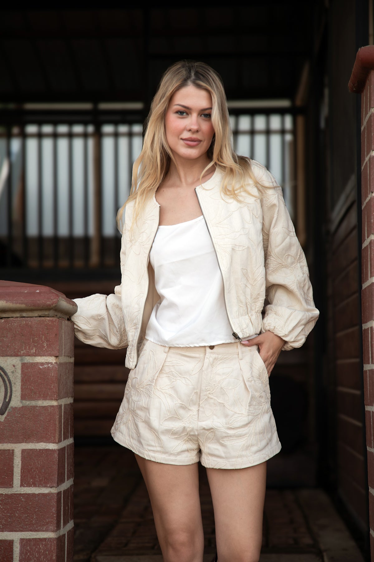 Valencia Two-Piece Set embroidered bomber jacket and pleated shorts